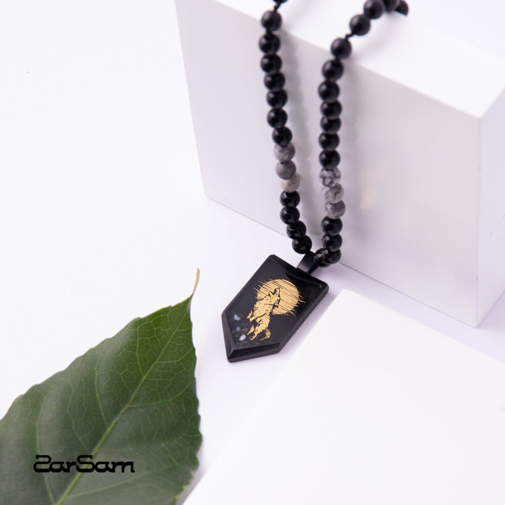 گردنبند مردانه گرگ و ماه با ورق طلا و سنگ سری پیکان - 2