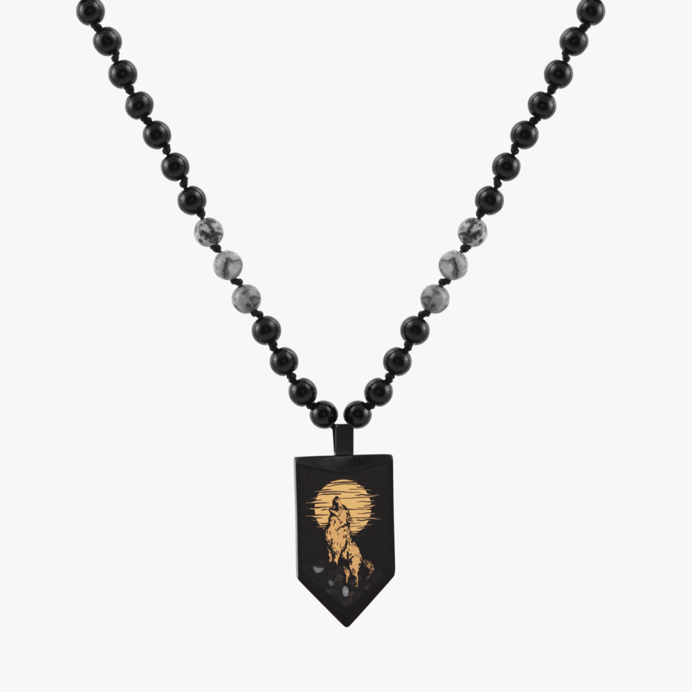 10012424 گردنبند مردانه گرگ و ماه با ورق طلا و سنگ سری پیکان - 1