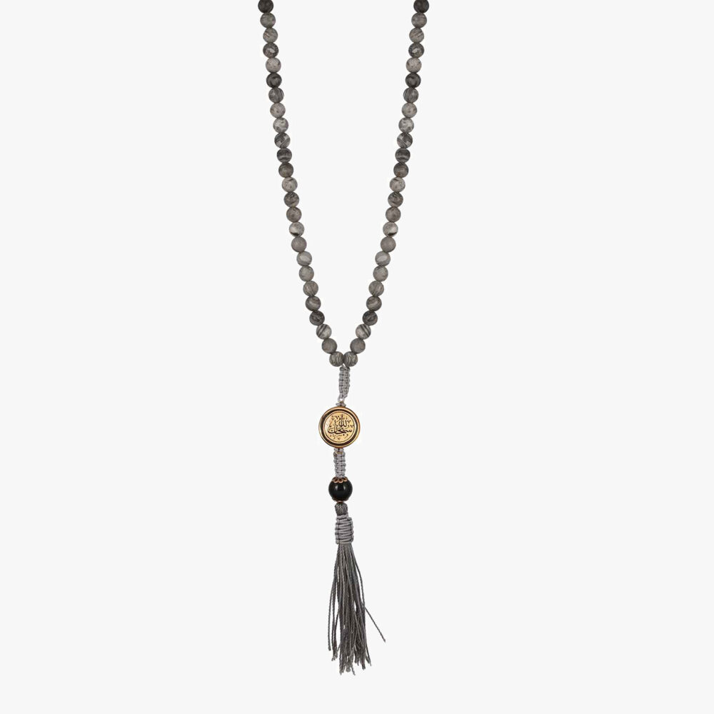 تسبیح ورق طلا سبحان الله سنگ عقیق قهوه ای سری ذکر - 1