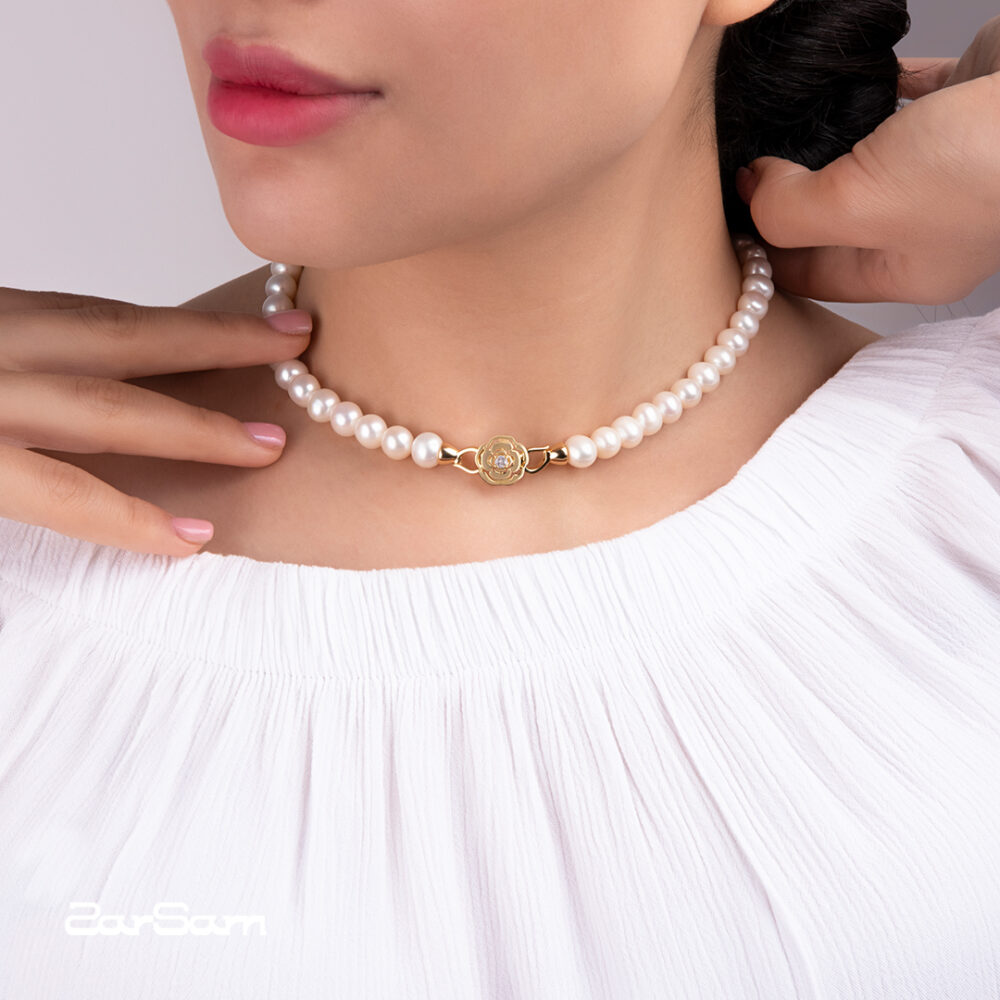 گردنبند مروارید زنانه نسترن با آبکاری طلا سری زروار - 5